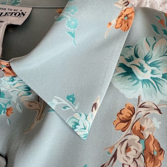NWT Pendleton Silk Stretch Blouse Teal Gold Floral Button Front Women's Size 14 - Picture 16 of 16